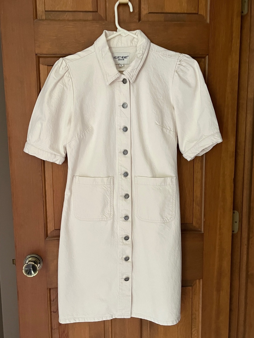 Velvet Heart Cream Button-Front Mini Dress with Puff Sleeves